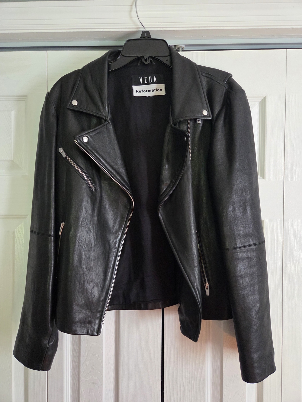 Reformation Black Leather Moto Jacket with Silver Zippers